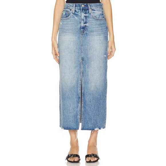 pistola Dresses & Skirts - Pistola Alice Denim Maxi Skirt Distressed Raw Hem Front High Slit Cotton Size 27